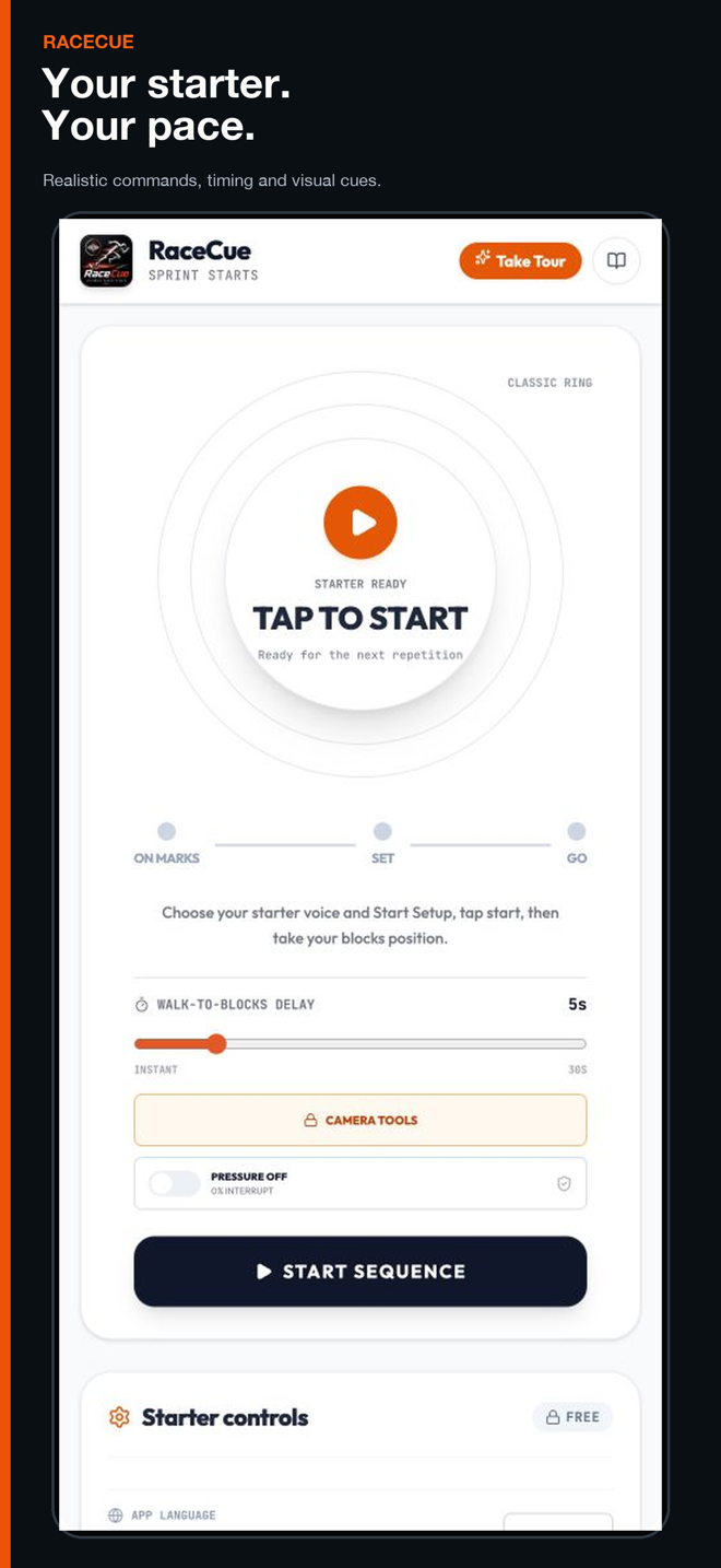 RaceCue starter setup showing timing and start controls