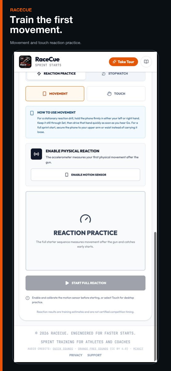 RaceCue Reaction Practice screen with reaction result