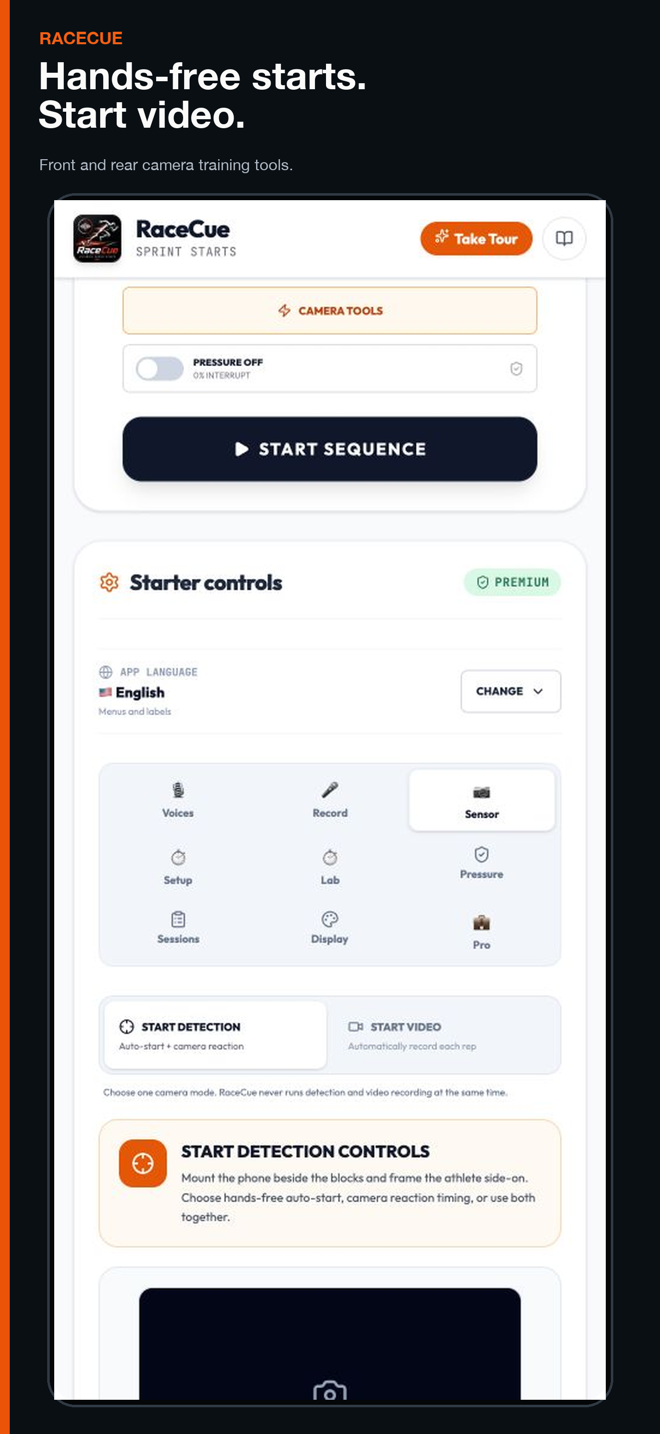 RaceCue camera tools setup for start detection and start video