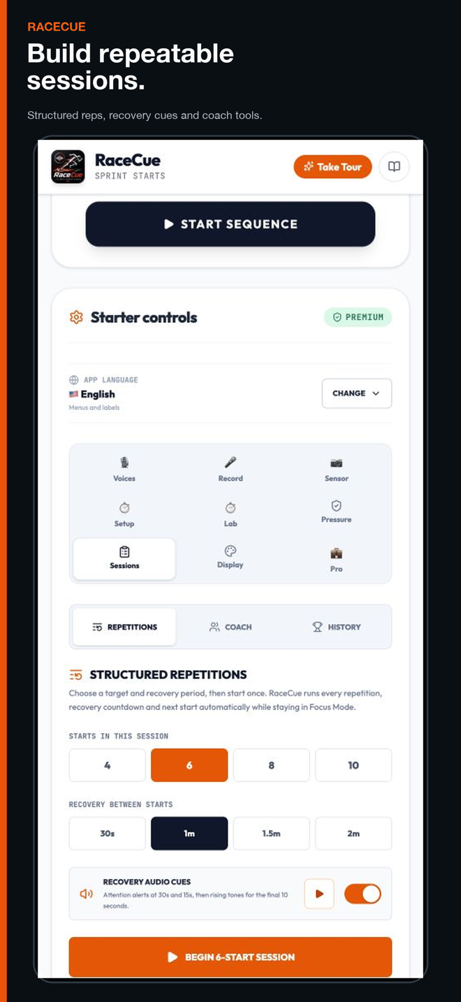 RaceCue structured repetition session screen