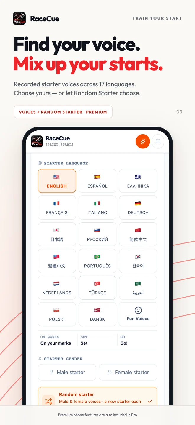 RaceCue Voices & Random Starter interface