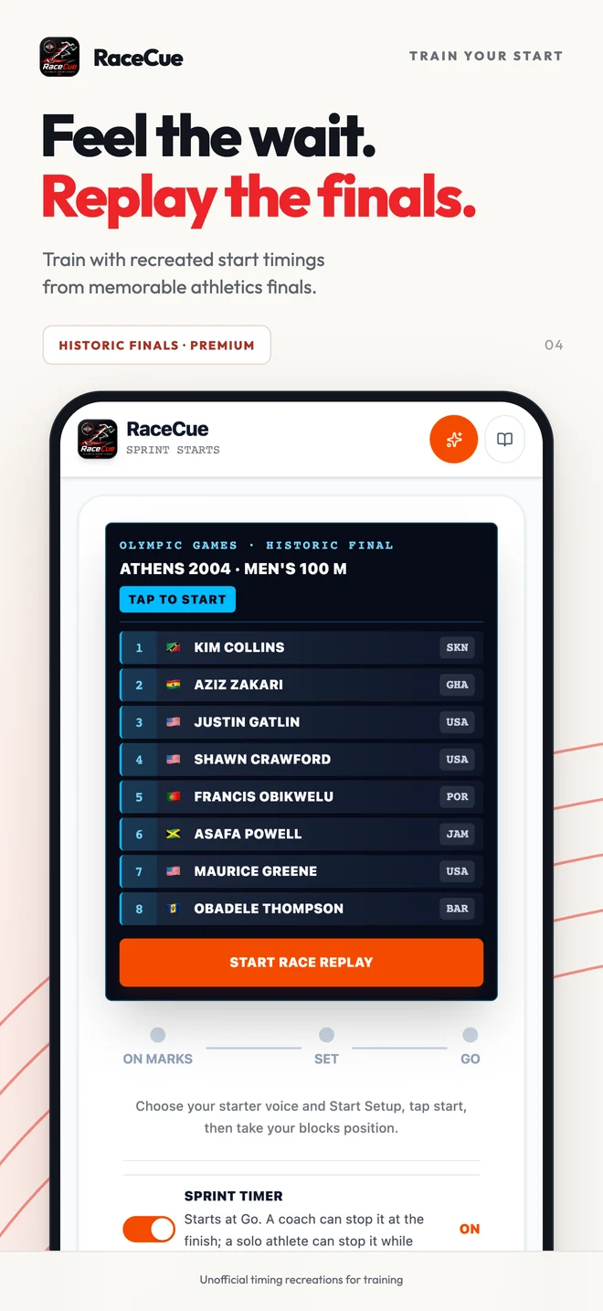 RaceCue Historic Finals interface