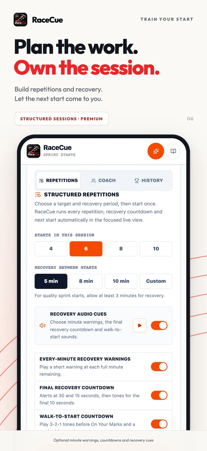 RaceCue Structured sessions interface