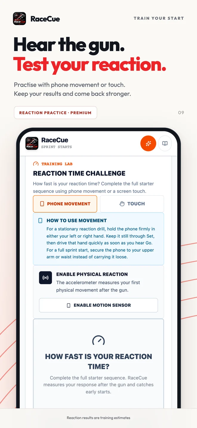 RaceCue Reaction practice interface